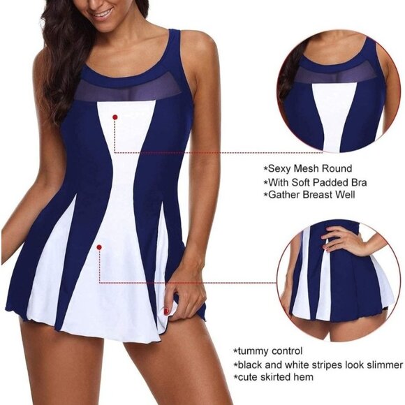 Zando Womens Tummy Control Swim Dress Plus Size 5XL Navy/White Pool Beach - Picture 5 of 11